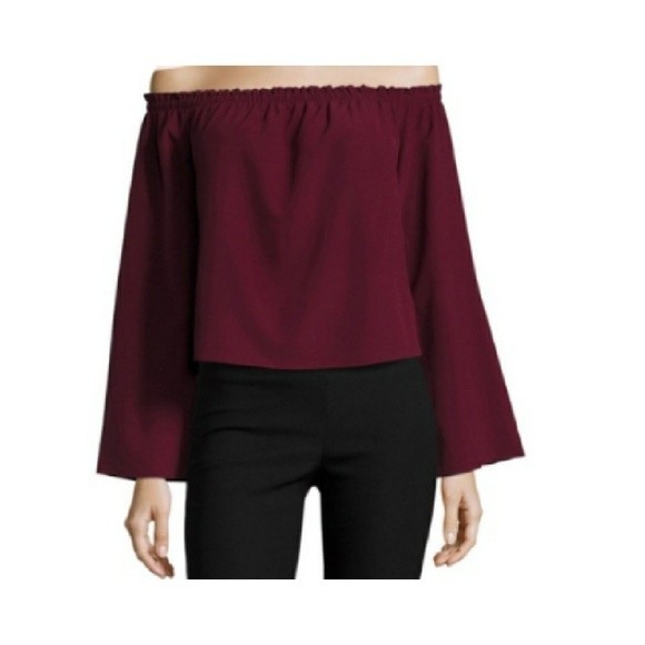 love, fire‎ Burgandy Off Shoulder Bell Sleeve Top - Picture 1 of 4